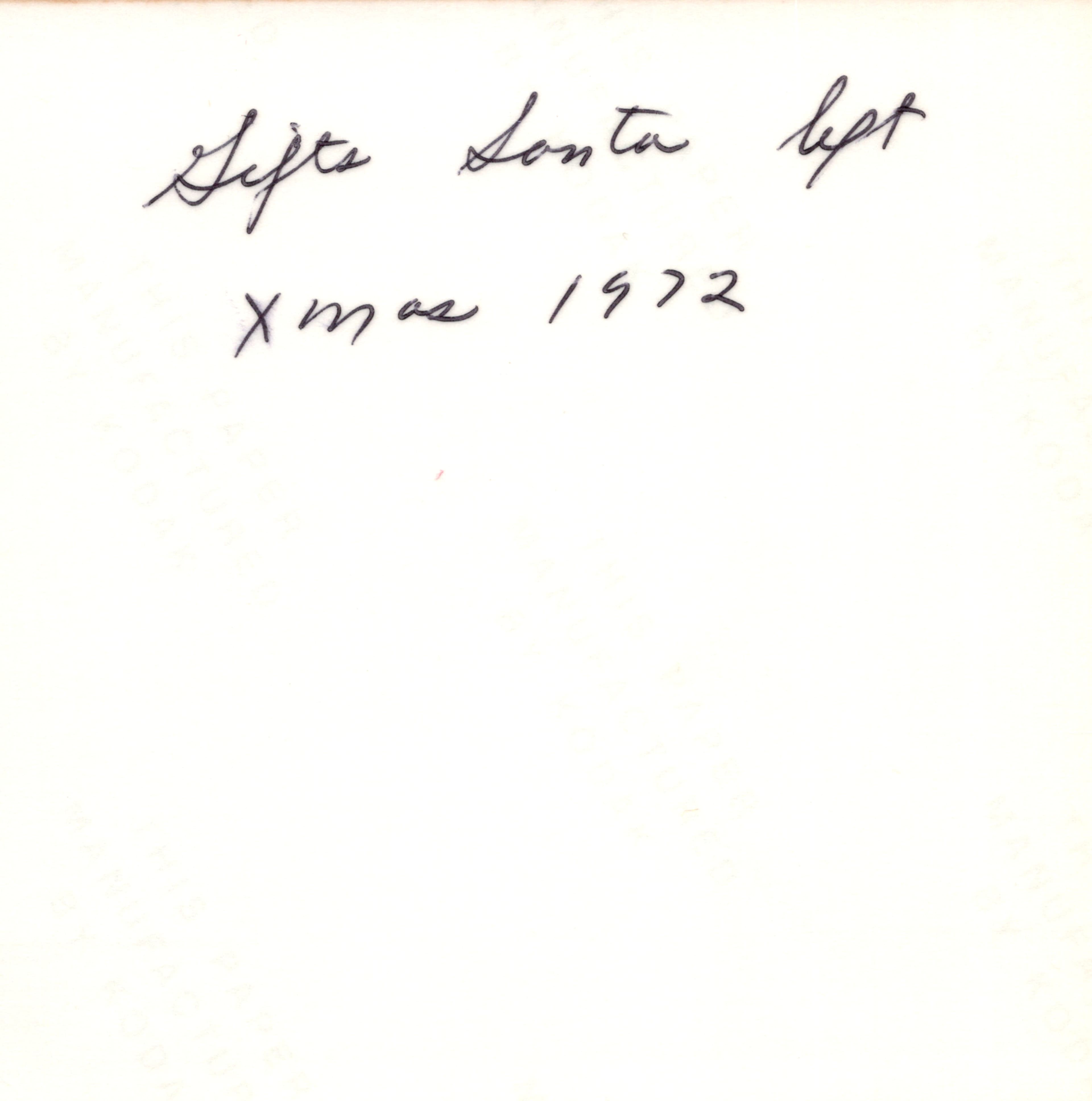 Back of scanned photo — handwritten note: Gifts Santa left, Xmas 1972
